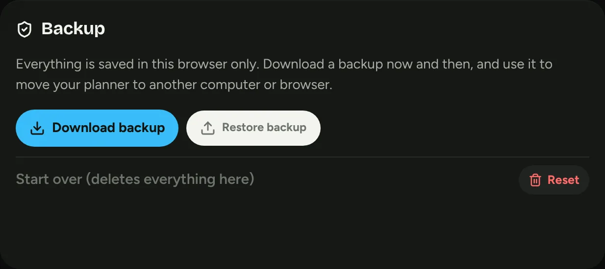 Backup settings with download and restore buttons