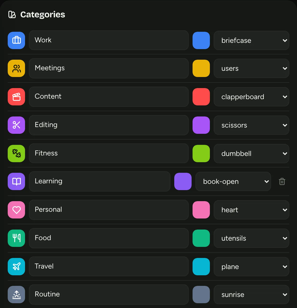 Categories settings with colour and icon pickers