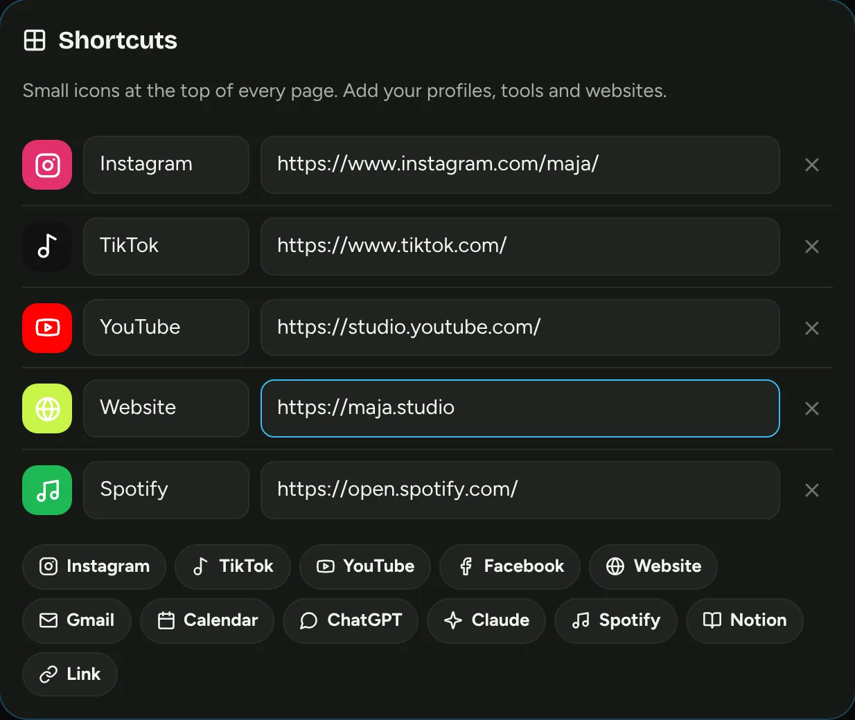 Shortcut settings with presets and links