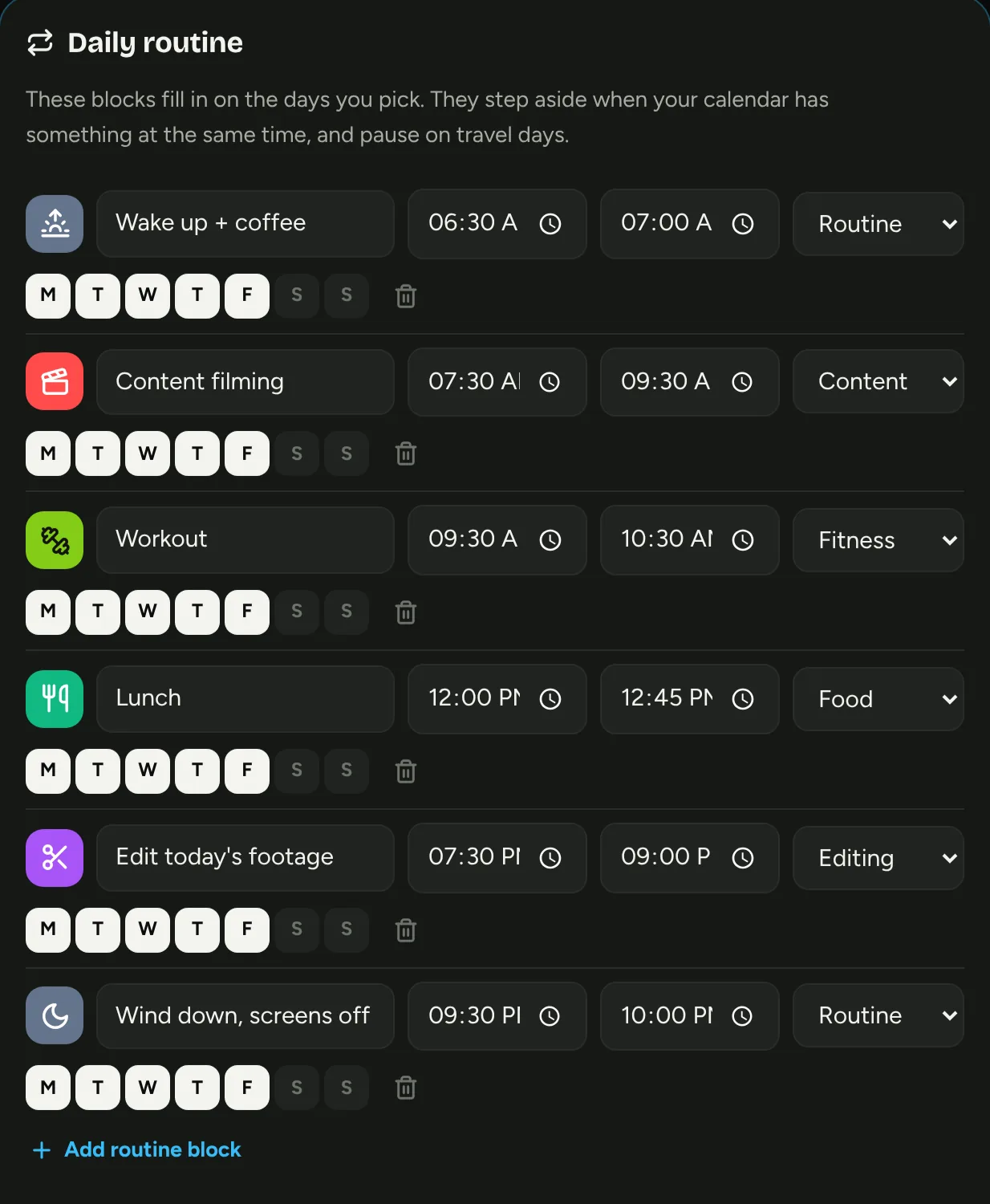 Daily routine settings with times and weekdays