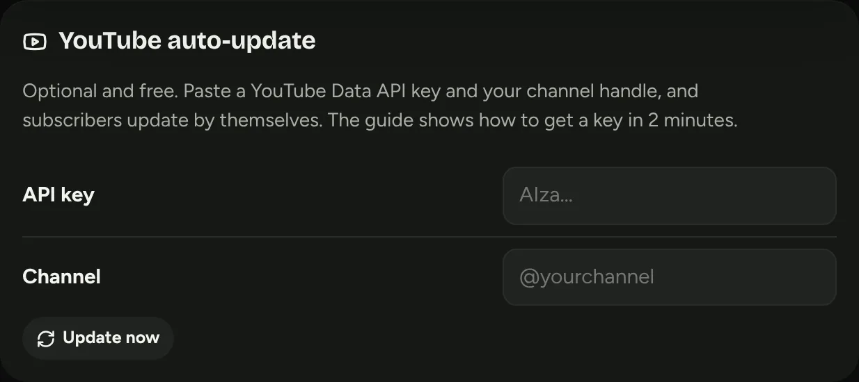 YouTube auto-update settings with key and channel fields