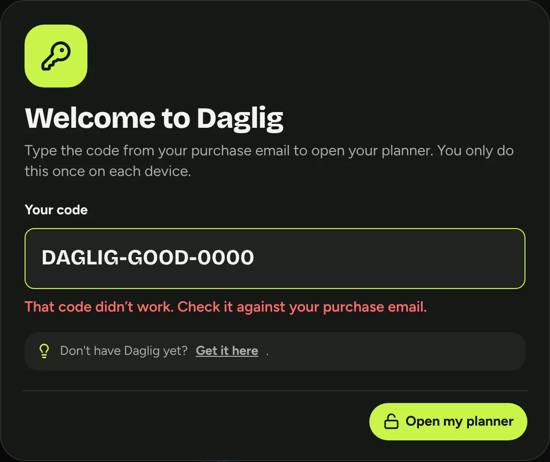 The Welcome to Daglig screen asking for your code