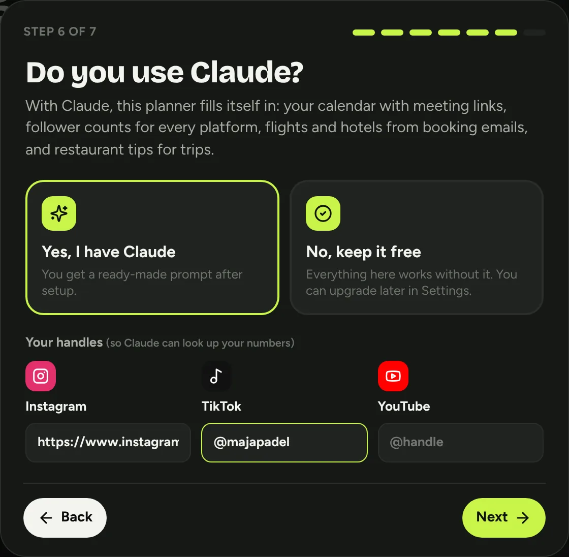 Setup step asking whether you use Claude, with handle fields