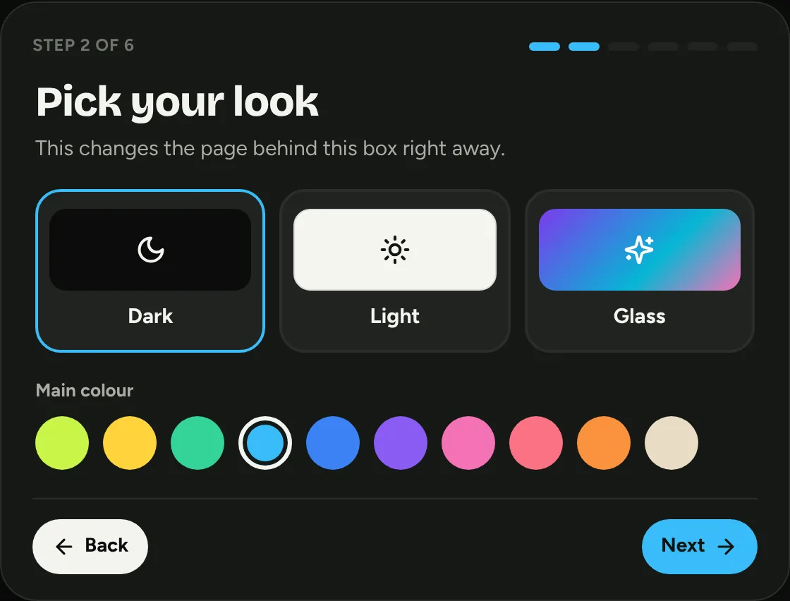 Setup step 2: pick dark, light or glass and a main colour