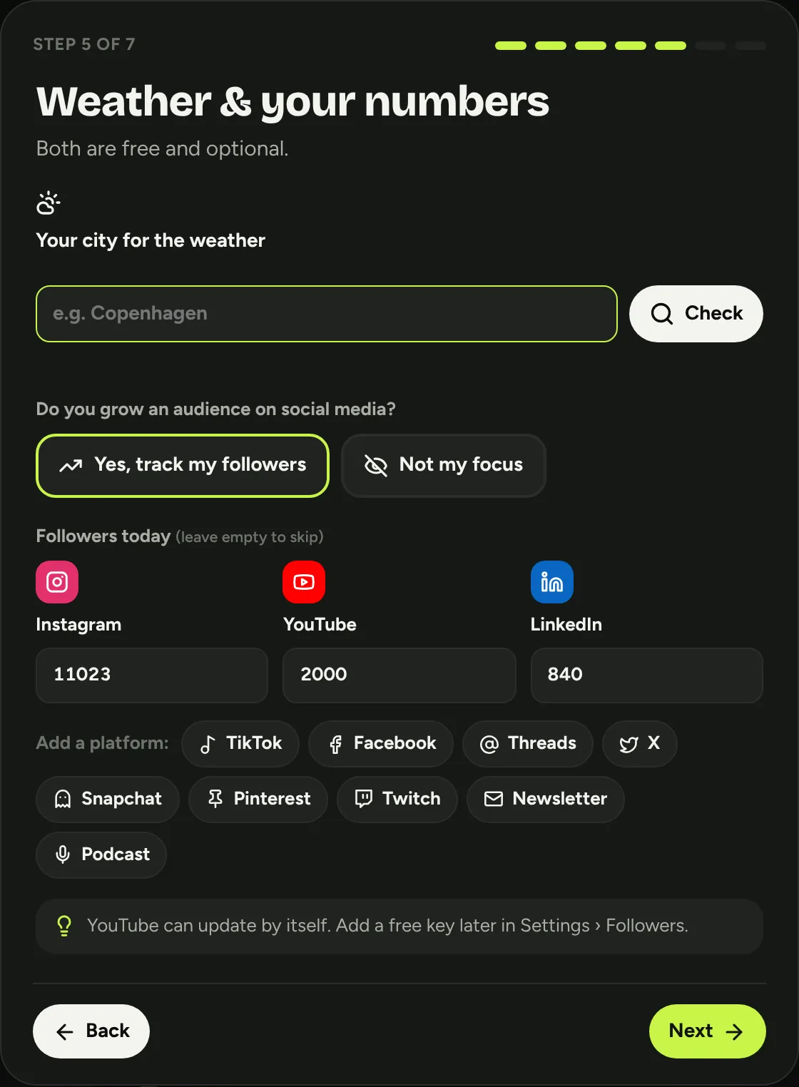 Setup step 5: city for weather and follower numbers