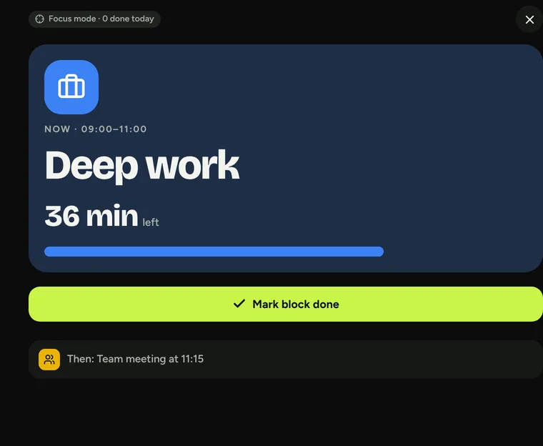 Focus mode showing the current workout with exercises to tick off