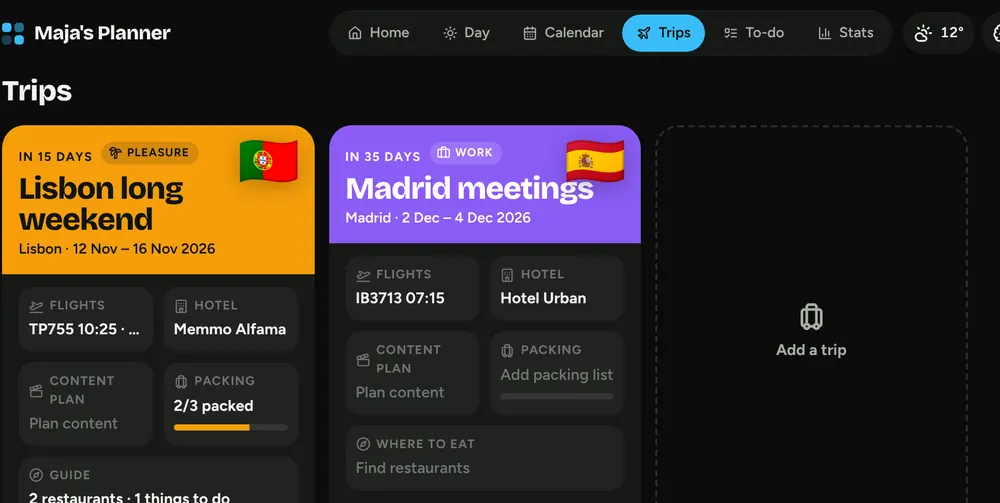 Trip cards for Lisbon and Madrid with flags