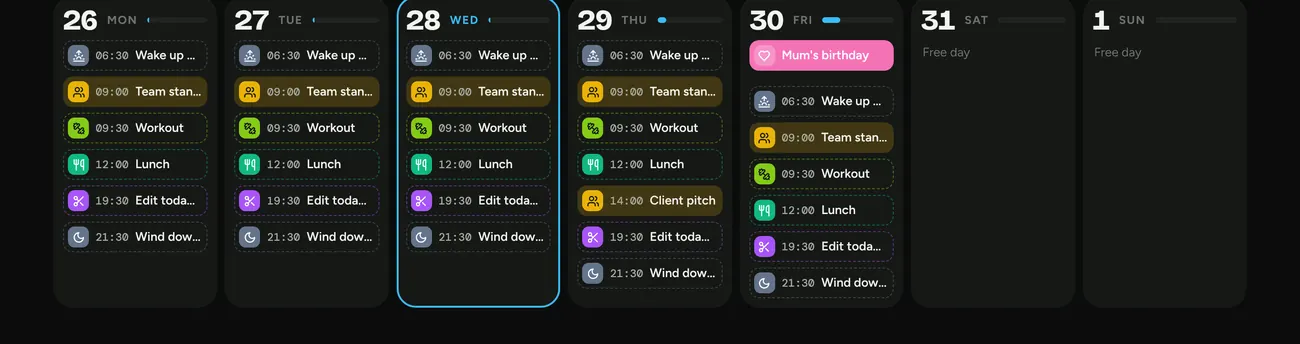 Week view with colour-coded blocks and meetings